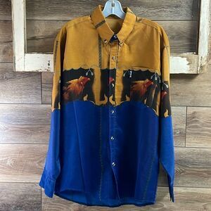 MICHELIN Mens Western Roper Country Rooster Graphic Dress Shirt Blue Gold Red